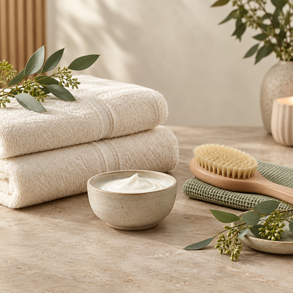 Spa towels, moisturizer, and brush illustrating the water-free foot spa professional digital guide